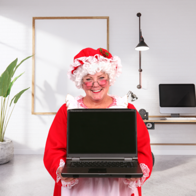 Mrs Claus with a laptop