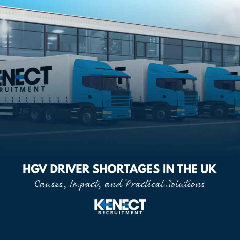 HGV driver shortage causes impact and solutions with HGV trucks in logistics yard